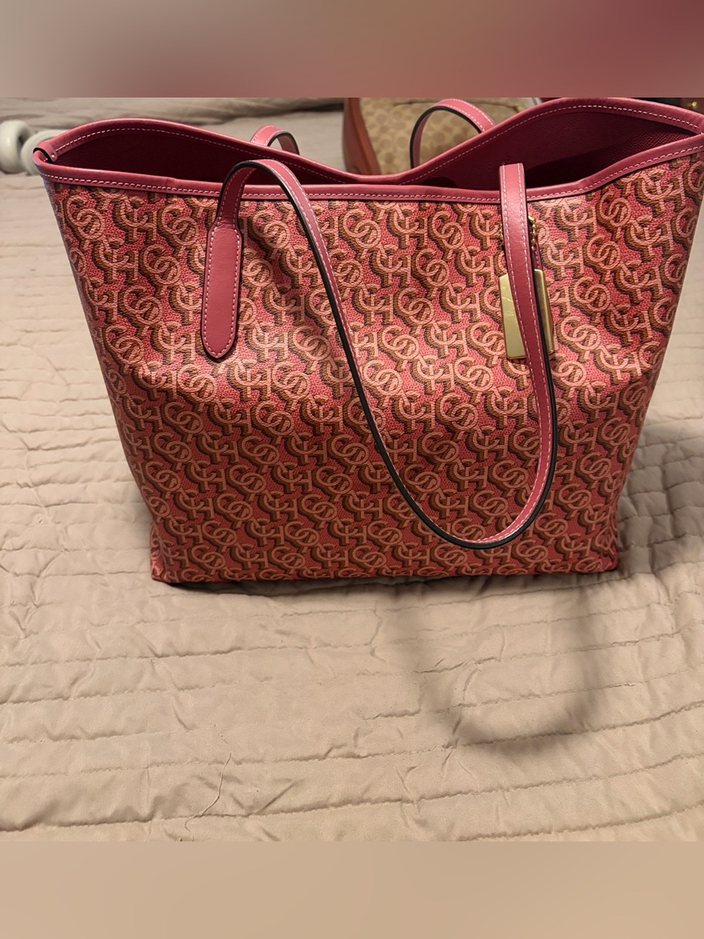 Pink Monogram Tote Bag with Leather Trim